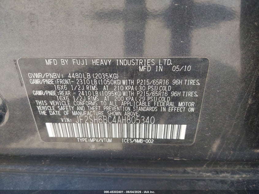 2010 Subaru Forester VIN JF2SH6BC4AH805340 IAAI salvage auction — FRONT END, Salvage (North Carolina), sold $525 on 2026-07-10 (photo 9)