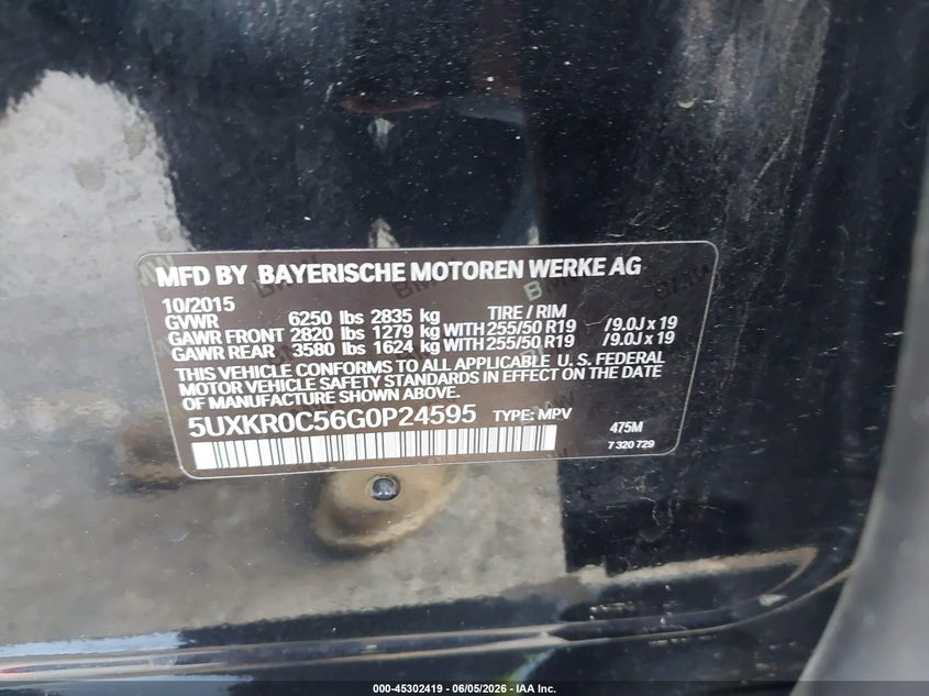 2016 BMW X5 VIN 5UXKR0C56G0P24595 IAAI salvage auction — FRONT END, Salvage Title, sold $7,050 on 2026-07-13 (photo 9)