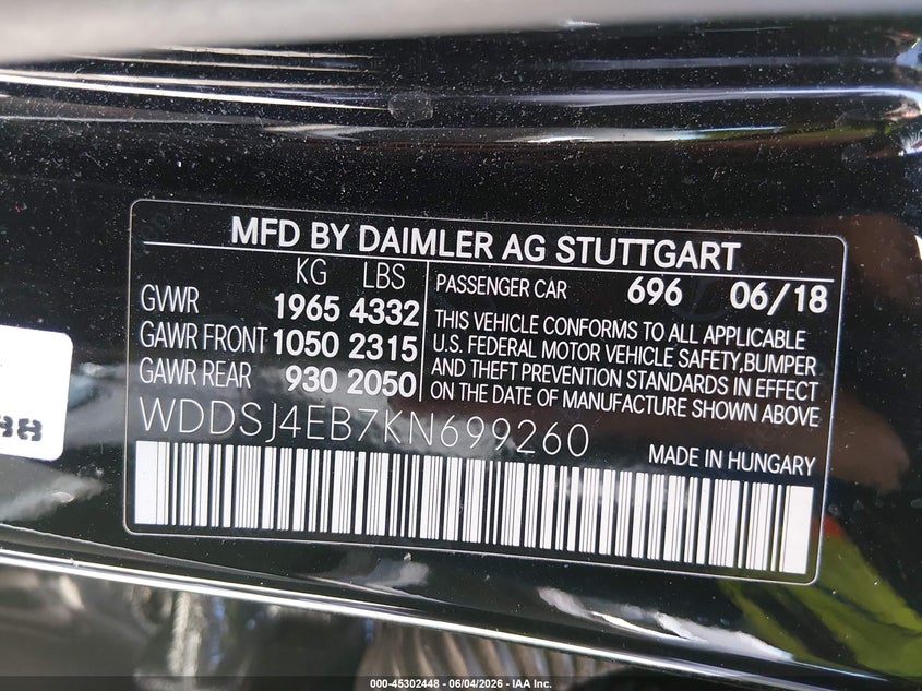 2019 Mercedes-benz Cla-klasse VIN WDDSJ4EB7KN699260 IAAI salvage auction — UNKNOWN, Salvage (Georgia), sold $1,850 on 2026-07-30 (photo 9)