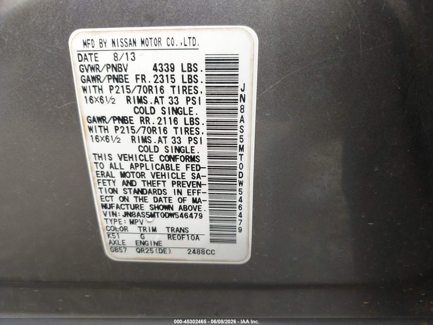 2013 Nissan Rogue VIN JN8AS5MT0DW546479 IAAI salvage auction — LEFT FRONT, Salvage (Georgia), sold $550 on 2026-07-27 (photo 9)
