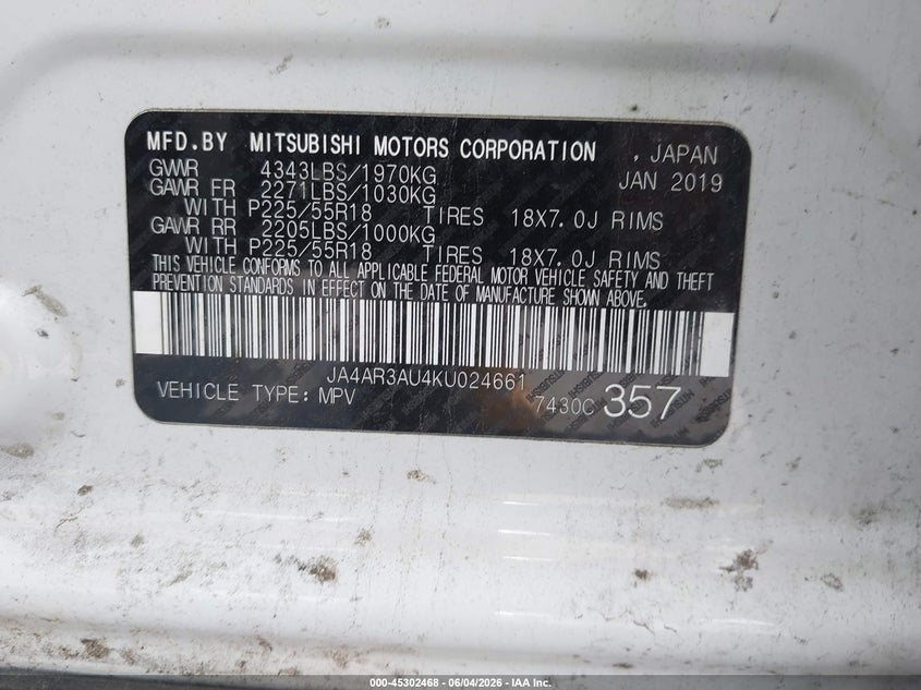 2019 Mitsubishi Outlander VIN JA4AR3AU4KU024661 IAAI salvage auction — RIGHT SIDE, Salvage (Illinois), sold $1,050 on 2026-07-28 (photo 9)