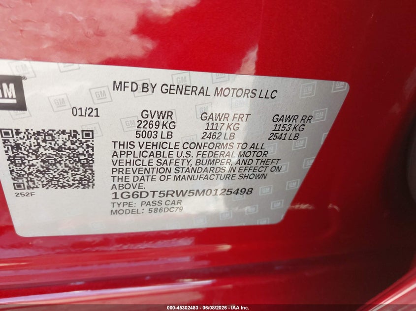 2021 Cadillac Ct5 VIN 1G6DT5RW5M0125498 IAAI salvage auction — FRONT END, Salvage Title, sold $7,700 on 2026-07-10 (photo 9)