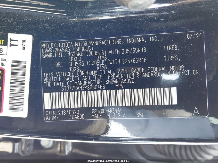 2021 Toyota Highlander VIN 5TDZZRAH3MS080466 IAAI salvage auction — FRONT END, Salvage Title, sold $25 on 2026-07-30 (photo 9)