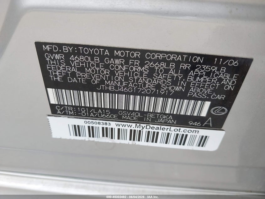 2007 Lexus ES VIN JTHBJ46G172071917 IAAI salvage auction — RIGHT SIDE, Salvage (Texas), sold $1,250 on 2026-07-07 (photo 9)