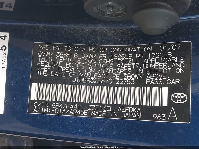 2007 Toyota Corolla VIN JTDBR32E670122753 IAAI salvage auction — RIGHT FRONT, Salvage (Idaho), sold $700 on 2026-07-08 (photo 9)