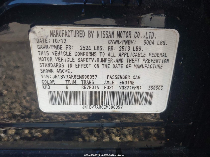 2014 Infiniti Q50 VIN JN1BV7AR6EM696057 IAAI salvage auction — FRONT END, Salvage Title, sold $1,125 on 2026-07-13 (photo 9)