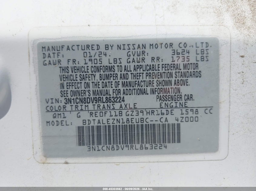 2024 Nissan Versa VIN 3N1CN8DV9RL863224 IAAI salvage auction — LEFT REAR, Salvage Title, sold $3,550 on 2026-08-27 (photo 9)