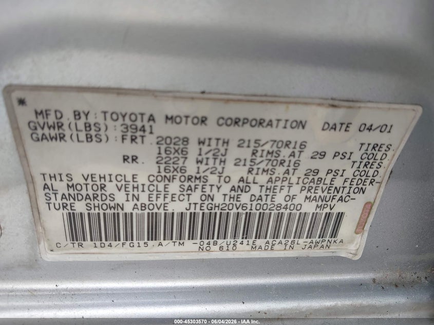 2001 Toyota Rav4 VIN JTEGH20V610028400 IAAI salvage auction — MECHANICAL, Clear (Florida), sold $850 on 2026-07-15 (photo 9)