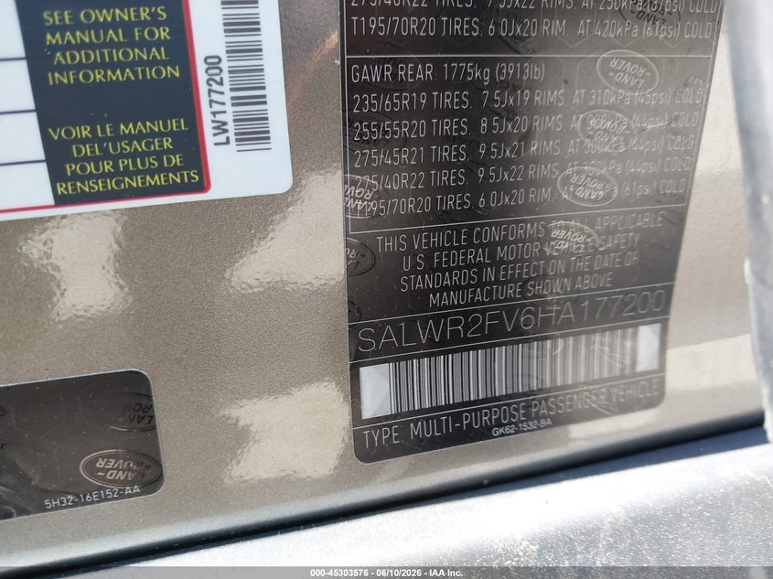 2017 Land rover Range rover sport VIN SALWR2FV6HA177200 IAAI salvage auction — LEFT REAR, Salvage (Massachusetts), sold $6,100 on 2026-07-28 (photo 9)