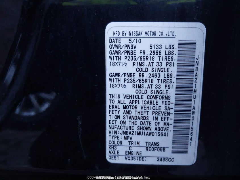 2010 Nissan Murano VIN JN8AZ1MU1AW015641 IAAI salvage auction — UNKNOWN, Salvage (Idaho), sold $100 on 2026-07-14 (photo 9)