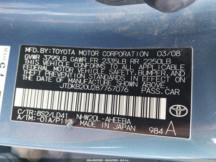 2008 Toyota Prius VIN JTDKB20U287767076 IAAI salvage auction — FRONT END, Clear (Montana), sold $150 on 2026-07-29 (photo 9)