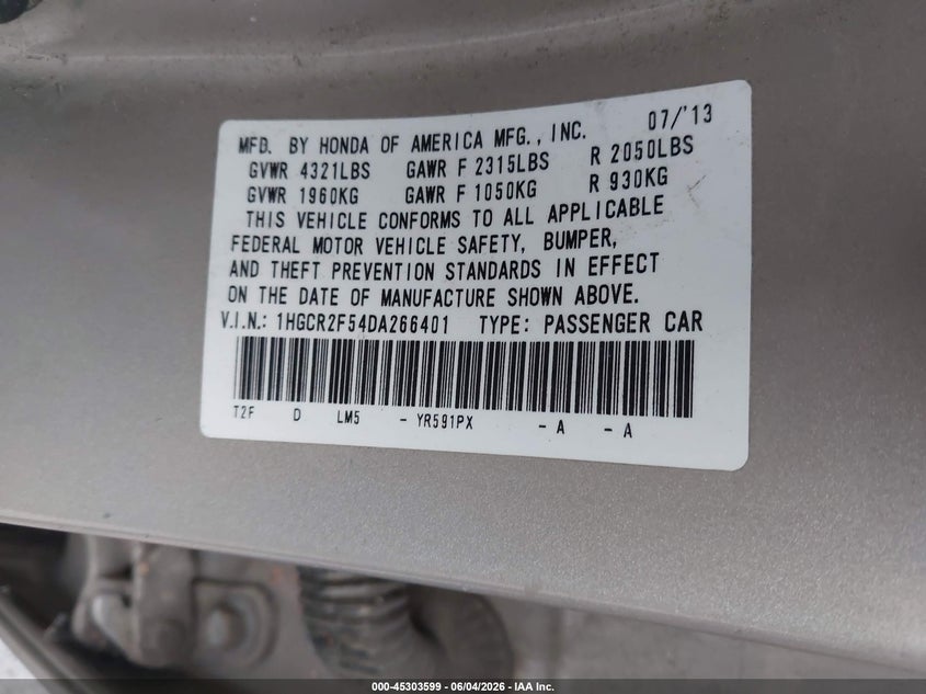 2013 Honda Accord VIN 1HGCR2F54DA266401 IAAI salvage auction — FRONT END, Salvage Title, sold $650 on 2026-07-09 (photo 9)