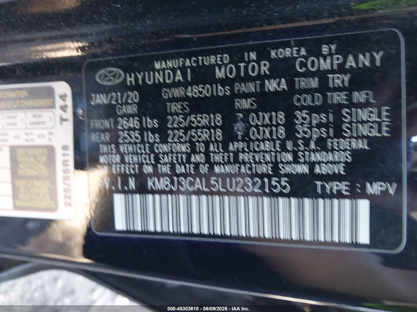 2020 Hyundai Tucson VIN KM8J3CAL5LU232155 IAAI salvage auction — FRONT & REAR, Salvage Title, sold $4,075 on 2026-07-07 (photo 9)