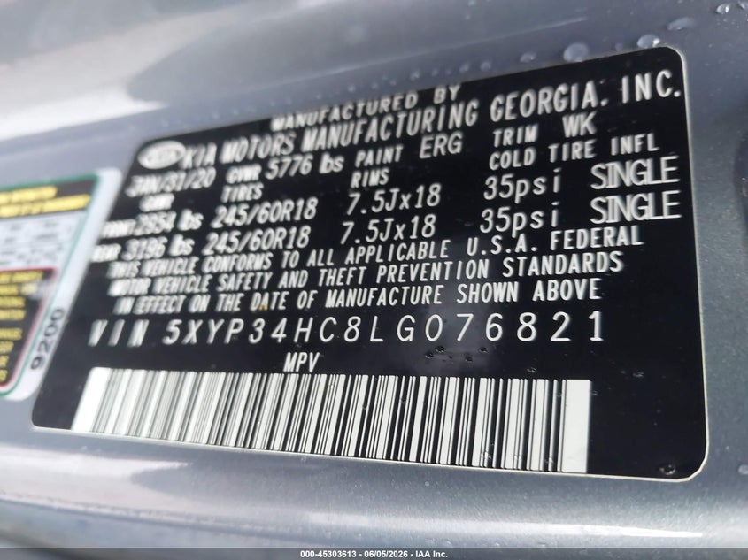 2020 Kia Telluride VIN 5XYP34HC8LG076821 IAAI salvage auction — FRONT & REAR, Salvage Title, sold $1,600 on 2026-07-15 (photo 9)