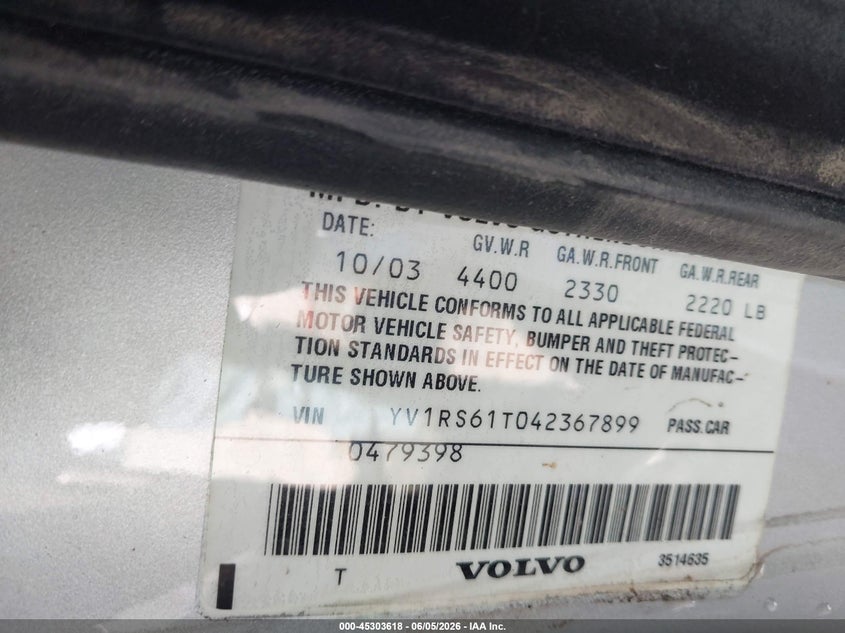 2004 Volvo S60 VIN YV1RS61T042367899 IAAI salvage auction — FRONT END, Repossession Paperwork (Georgia), sold $400 on 2026-07-17 (photo 9)