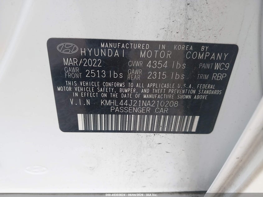 2022 Hyundai Sonata VIN KMHL44J21NA210208 IAAI salvage auction — RIGHT FRONT, Original (Texas), sold $7,250 on 2026-07-23 (photo 9)