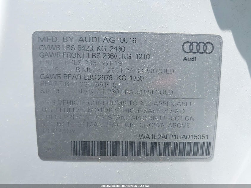 2017 Audi Q5 VIN WA1L2AFP1HA015351 IAAI salvage auction — REAR END, Salvage Title, sold $3,750 on 2026-09-07 (photo 9)