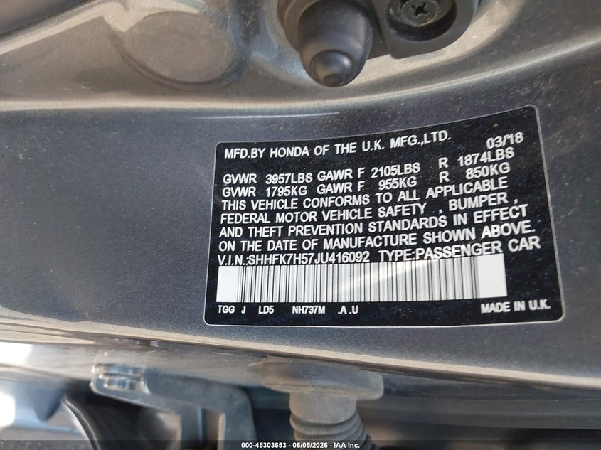 2018 Honda Civic VIN SHHFK7H57JU416092 IAAI salvage auction — LEFT FRONT, Salvage Title, sold $3,950 on 2026-07-14 (photo 9)