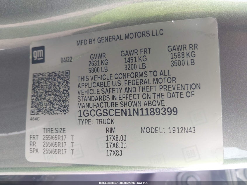 2022 Chevrolet Colorado VIN 1GCGSCEN1N1189399 IAAI salvage auction — FRONT END, Salvage Title, sold $9,000 on 2026-07-30 (photo 9)