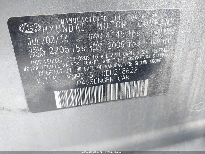 2014 Hyundai Elantra VIN KMHD35LH0EU218622 IAAI salvage auction — NORMAL WEAR, Clear (North Carolina), sold $775 on 2026-07-22 (photo 9)