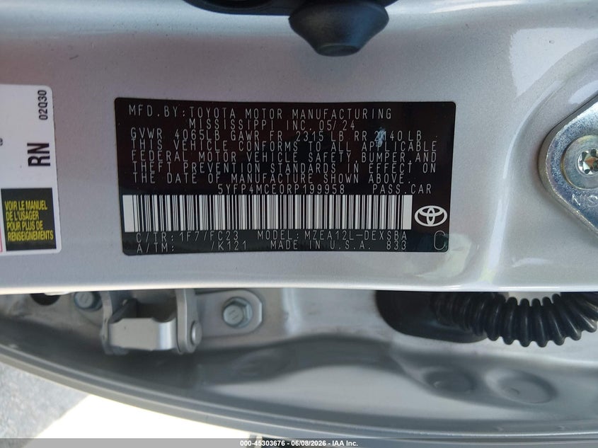 2024 Toyota Corolla VIN 5YFP4MCE0RP199958 IAAI salvage auction — FRONT END, Rebuildable (Florida), sold $5,875 on 2026-07-11 (photo 9)