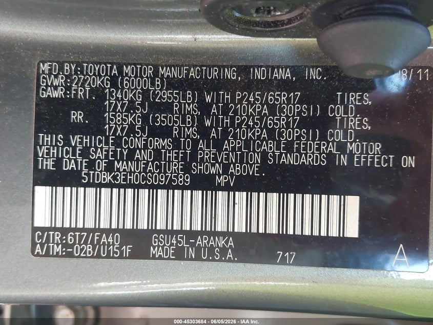 2012 Toyota Highlander VIN 5TDBK3EH0CS097589 IAAI salvage auction — NORMAL WEAR, Salvage Title, sold $2,150 on 2026-07-13 (photo 9)