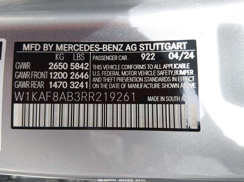 2024 Mercedes-benz VIN W1KAF8AB3RR219261 IAAI salvage auction — FRONT END, Rebuildable (Florida), sold $29,400 on 2026-07-30 (photo 9)