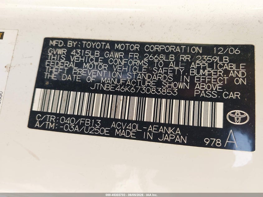 2007 Toyota Camry VIN JTNBE46K673083853 IAAI salvage auction — RIGHT FRONT, Salvage - Dealer Only (Ohio), sold $750 on 2026-07-16 (photo 9)