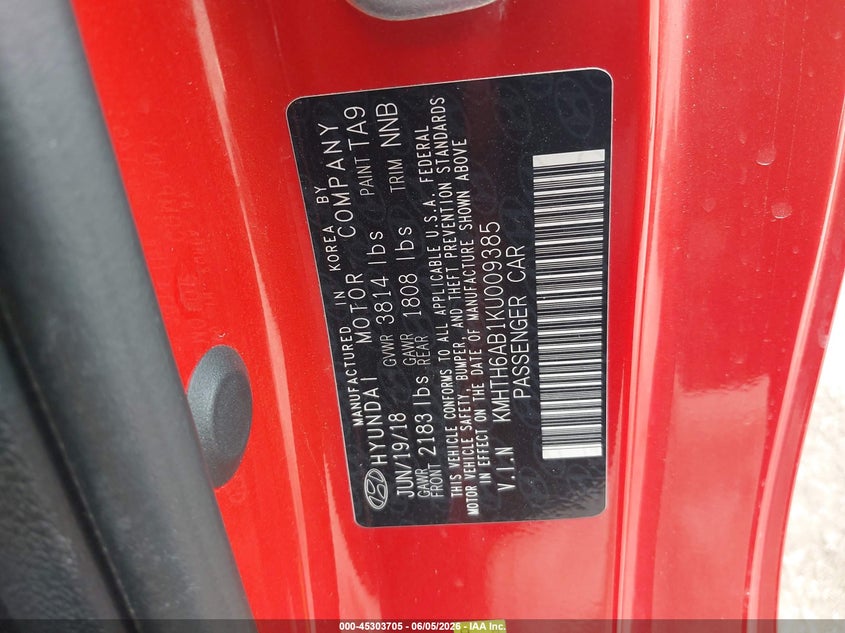 2019 Hyundai Veloster VIN KMHTH6AB1KU009385 IAAI salvage auction — FRONT END, Salvage Title, sold $1,600 on 2026-07-29 (photo 9)