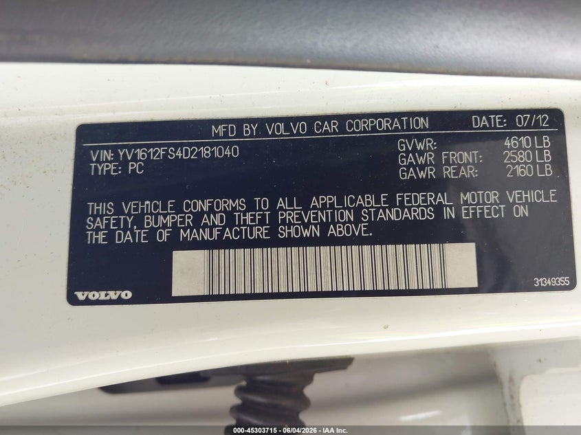 2013 Volvo S60 VIN YV1612FS4D2181040 IAAI salvage auction — NORMAL WEAR, Clear (Florida), sold $475 on 2026-07-07 (photo 9)