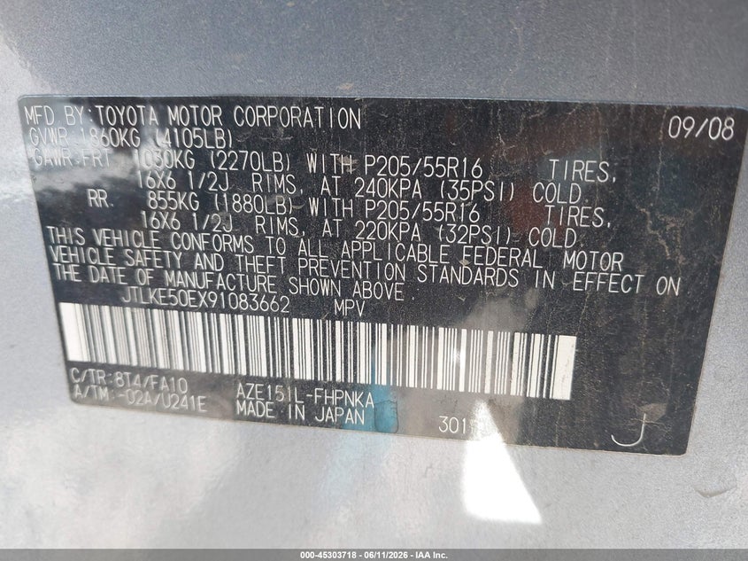 2009 Scion Xb VIN JTLKE50EX91083662 IAAI salvage auction — NORMAL WEAR, Clear-Dealer Only (Arizona), sold $25 on 2026-07-28 (photo 9)