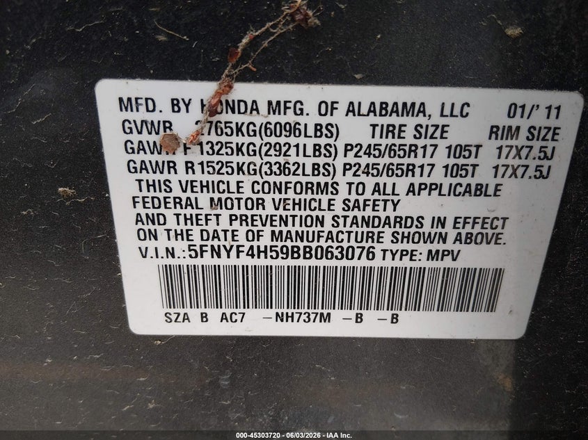2011 Honda Pilot VIN 5FNYF4H59BB063076 IAAI salvage auction — FRONT END, Clear (Montana), sold $1,400 on 2026-07-24 (photo 9)