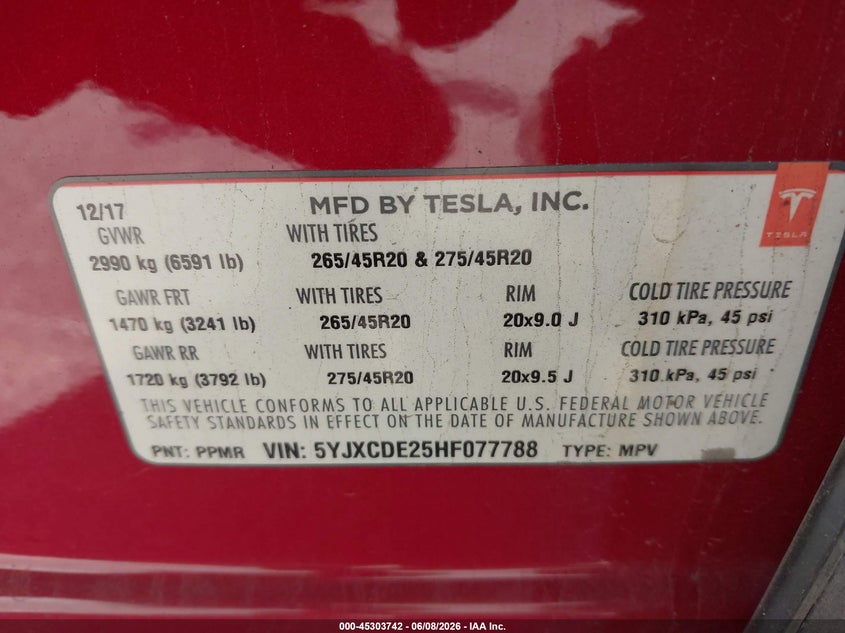 2017 Tesla Model x VIN 5YJXCDE25HF077788 IAAI salvage auction — RIGHT FRONT, Salvage Title, sold $9,100 on 2026-07-06 (photo 9)
