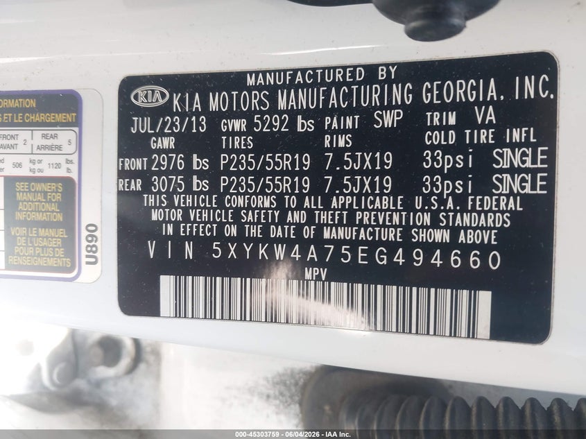 2014 Kia Sorento VIN 5XYKW4A75EG494660 IAAI salvage auction — REAR END, Salvage Title, sold $2,100 on 2026-07-09 (photo 9)