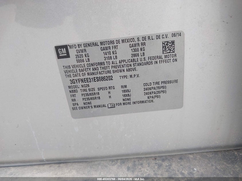 2014 Cadillac Srx VIN 3GYFNEE31ES686202 IAAI salvage auction — FRONT & REAR, Salvage Title, sold $400 on 2026-07-27 (photo 9)