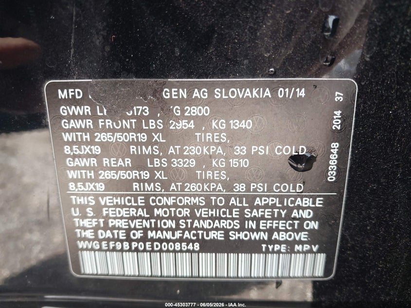 2014 Volkswagen Touareg VIN WVGEF9BP0ED008548 IAAI salvage auction — LEFT FRONT, Clear (Florida), sold $750 on 2026-07-14 (photo 9)