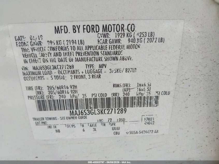 2019 Ford Ecosport VIN MAJ6S3GL3KC271289 IAAI salvage auction — FRONT END, Salvage Title, sold $400 on 2026-07-09 (photo 9)