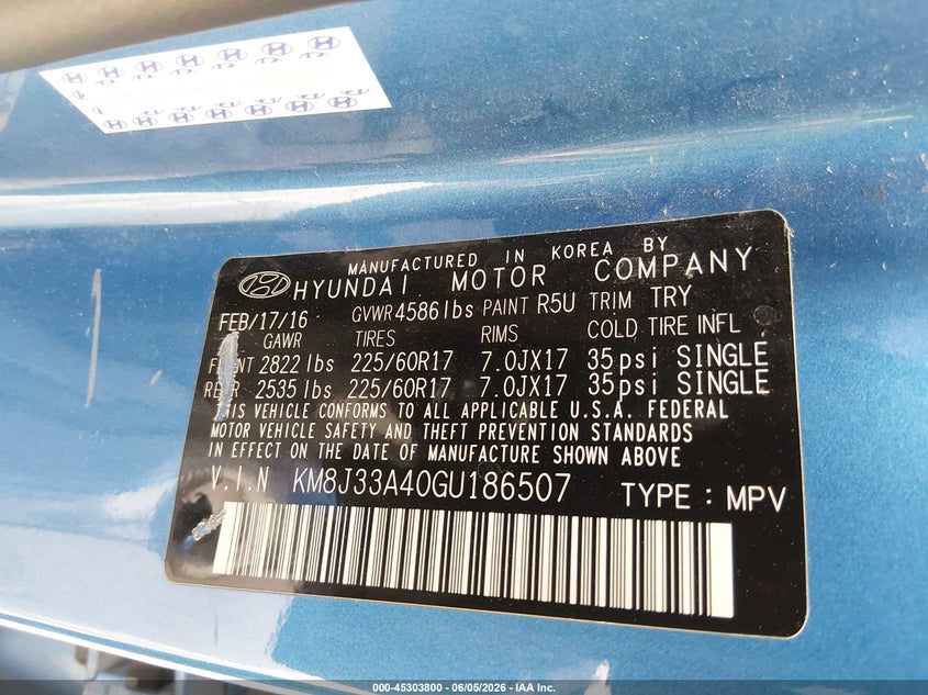 2016 Hyundai Tucson VIN KM8J33A40GU186507 IAAI salvage auction — REAR END, Salvage Title, sold $1,450 on 2026-07-29 (photo 9)
