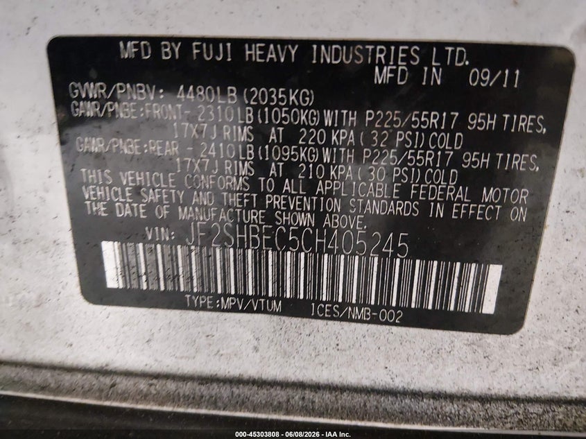 2012 Subaru Forester VIN JF2SHBEC5CH405245 IAAI salvage auction — SIDE, Nrc Lienholder Repossession Paperwork (Colorado), sold $300 on 2026-07-22 (photo 9)