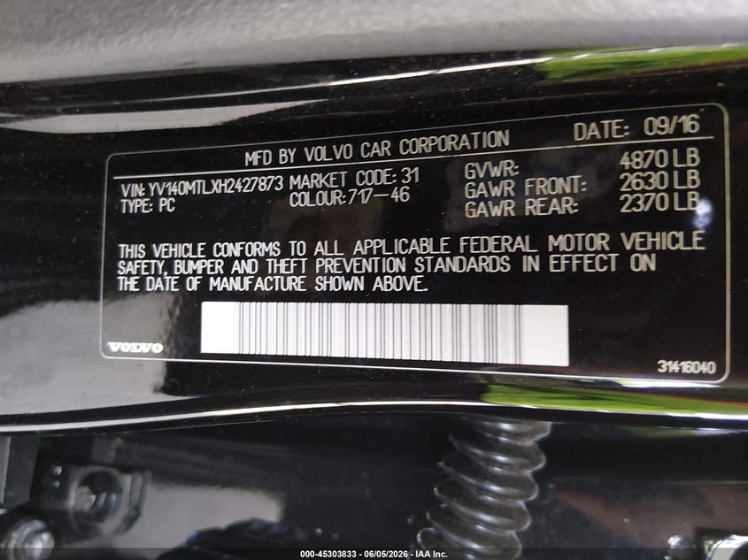 2017 Volvo S60 VIN YV140MTLXH2427873 IAAI salvage auction — RIGHT FRONT, Salvage Title, sold $25 on 2026-08-14 (photo 9)