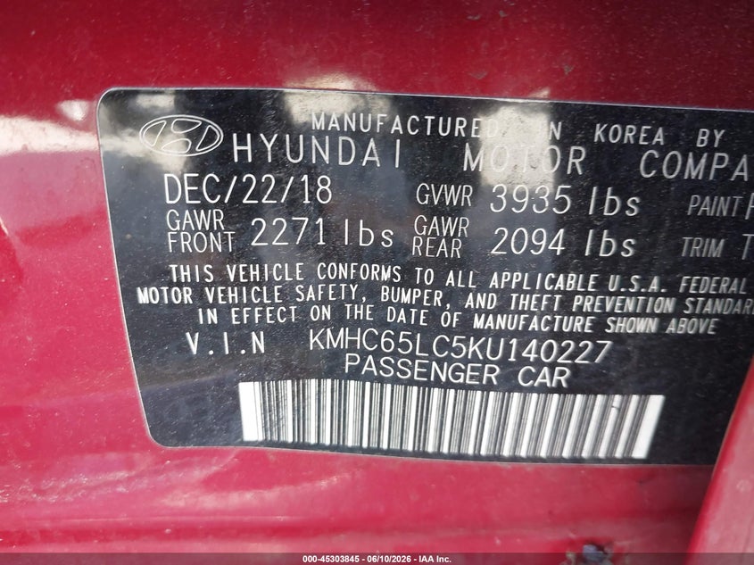 2019 Hyundai Ioniq VIN KMHC65LC5KU140227 IAAI salvage auction — LEFT SIDE, Salvage (California), sold $1,500 on 2026-07-06 (photo 9)