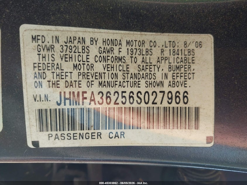 2006 Honda Civic hybrid VIN JHMFA36256S027966 IAAI salvage auction — NORMAL WEAR, Clear (Georgia), sold $250 on 2026-07-09 (photo 9)