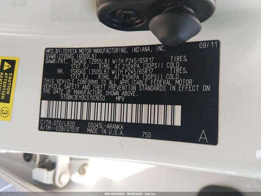 2012 Toyota Highlander VIN 5TDBK3EH9CS103650 IAAI salvage auction — FRONT END, Salvage Title, sold $3,000 on 2026-07-24 (photo 9)