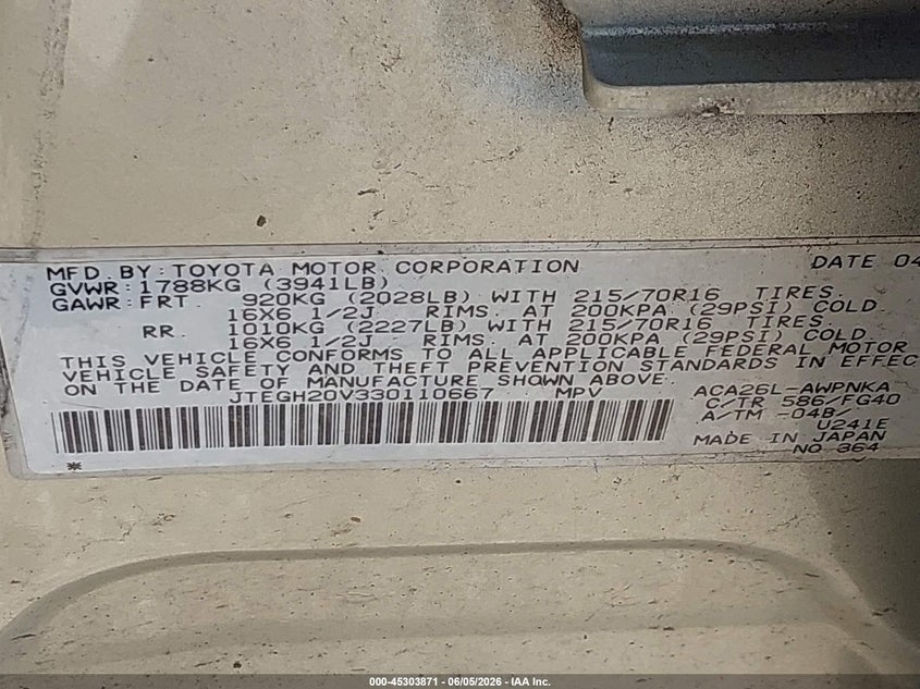 2003 Toyota Rav4 VIN JTEGH20V330110667 IAAI salvage auction — NORMAL WEAR, Clear (Indiana), sold $425 on 2026-07-16 (photo 9)