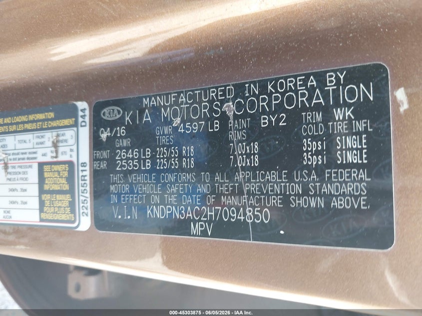 2017 Kia Sportage VIN KNDPN3AC2H7094850 IAAI salvage auction — ALL OVER, Salvage (Georgia), sold $2,200 on 2026-07-28 (photo 9)