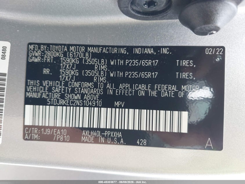 2022 Toyota Sienna VIN 5TDJRKEC2NS104910 IAAI salvage auction — FRONT END, Salvage (Indiana), sold $18,350 on 2026-07-30 (photo 9)