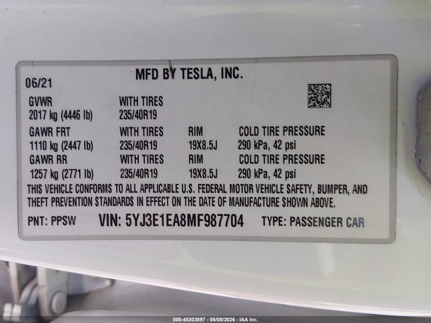 2021 Tesla Model 3 VIN 5YJ3E1EA8MF987704 IAAI salvage auction — RIGHT SIDE, Salvage Title, sold $4,900 on 2026-07-16 (photo 9)