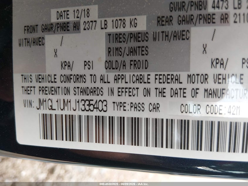 2018 Mazda 6 VIN JM1GL1UM1J1335403 IAAI salvage auction — FRONT END, Salvage Title, sold $1,200 on 2026-07-11 (photo 9)