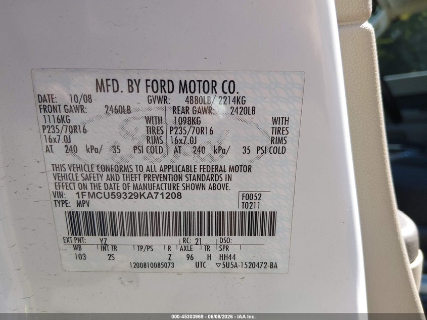 2009 Ford Escape hybrid VIN 1FMCU59329KA71208 IAAI salvage auction — LEFT SIDE, Salvage (Vermont), sold $175 on 2026-07-09 (photo 9)