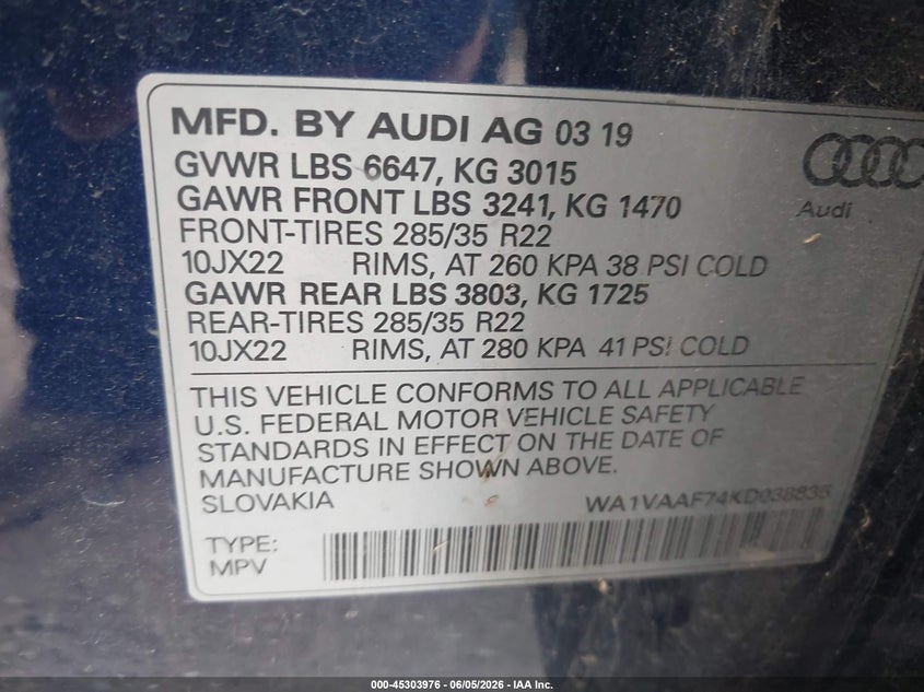 2019 Audi Q7 VIN WA1VAAF74KD038835 IAAI salvage auction — FRONT & REAR, Salvage (Texas), sold $2,050 on 2026-07-29 (photo 9)